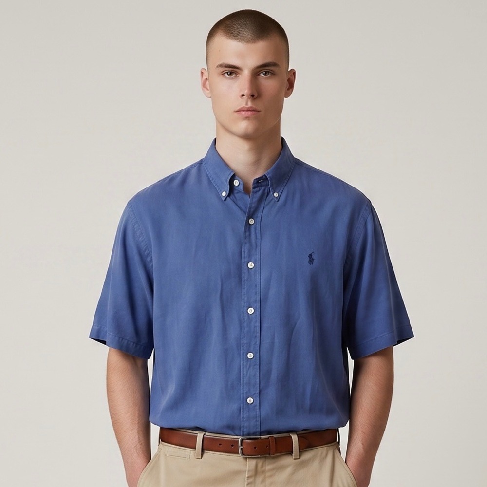 Ralph Lauren Blue Label Button Down Shirt Mens 2XLT Blue Silk Cotton SS Big Tall